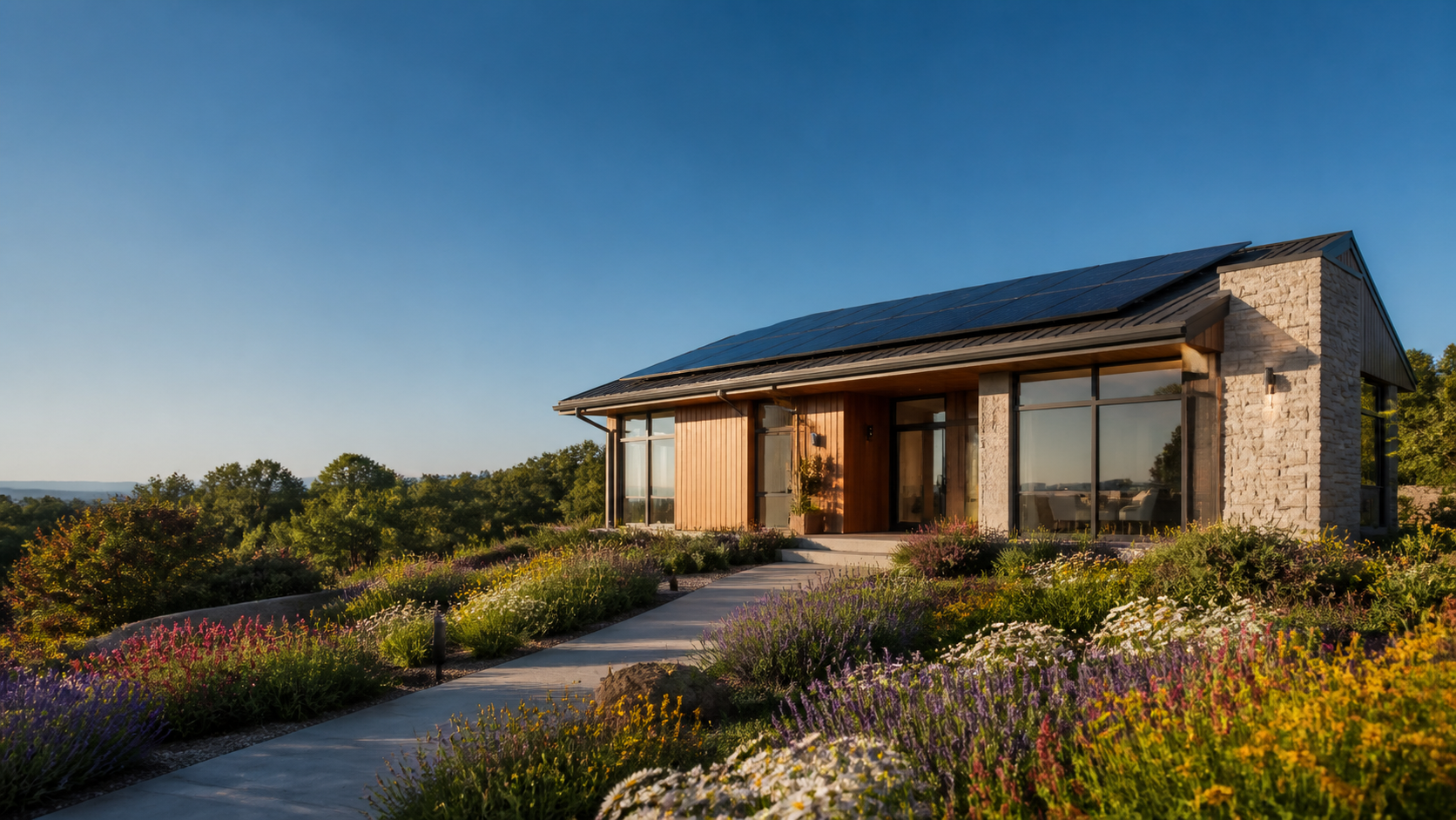 A contemporary home with a rooftop solar system
