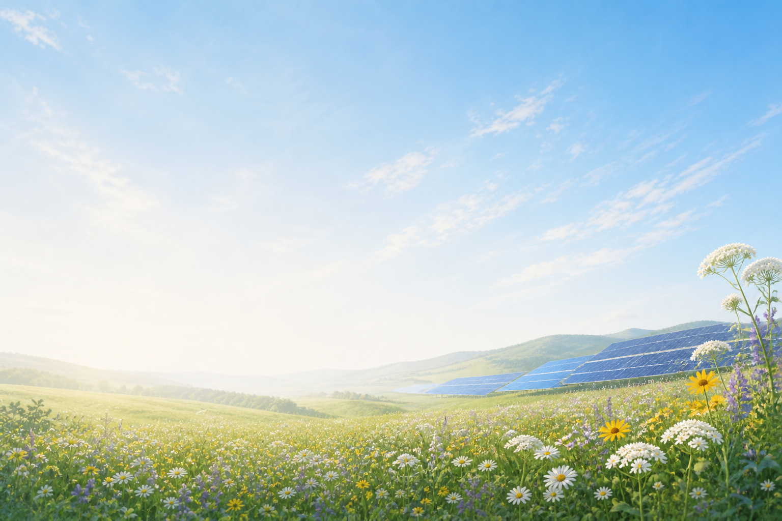 Solar panels across an open green landscape